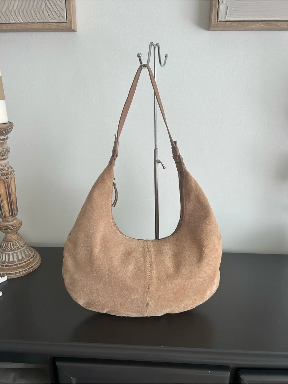 GENICCI Tan Suede Crescent Hobo Bag Slouchy Boho Shoulder Purse Large